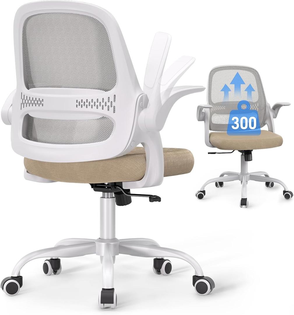 Ergonomic Mesh Office Chair for Home Office, Flip-Up Arms, Breathable Mesh Back & Thick Seat Cushion, Swivel Rolling Computer Desk Chair – BIFMA Certified, Supports 300 lbs (White Frame/Beige Seat), Oversized
