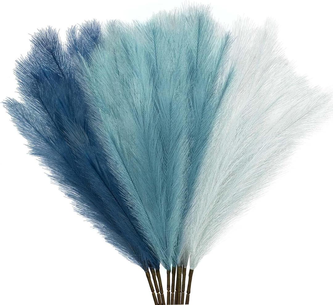 9Pcs 3FT Colorful Faux Pampas Grass for Boho Decor, KALYLOC Non-Shedding Fluffy Artificial Bulrush, Tall Reed Fluffy Stems Vase Filler Living Room Wedding Decoration (Light Blue)