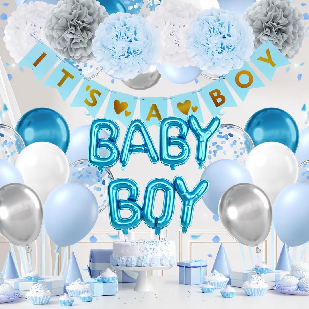 Blue Baby Shower Decorations with Grey Paper Pom Poms Metallic Silver Light Blue Balloons Banner for Gender Reveal Baby Shower Birthday Party Decorations