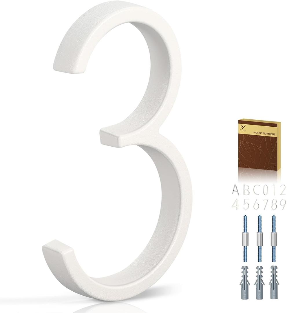 5 Inch House Numbers for Outside, Metal Address Number 3- Modern Design, Weather-Resistant White Crystal Powder Coated Finish, Stain Resistant, No Paint Peeling (White)