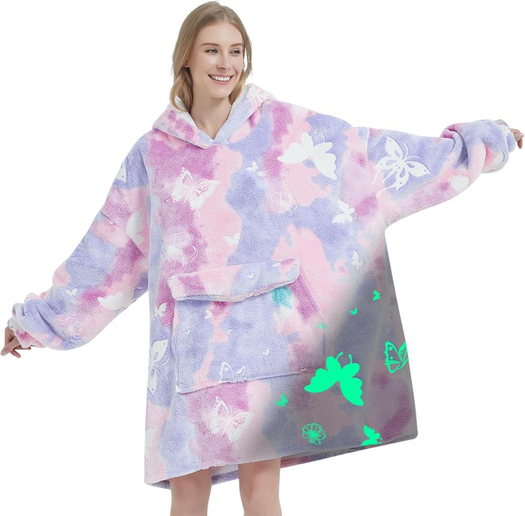 Glow in The Dark Butterfly Wearable Blanket Hoodie for Adult,Oversized Sherpa Fleece Blanket Hoodie for Women,Butterfly