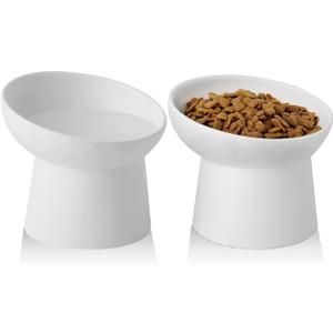 Ceramic Raised Cat Bowl Whisker Friendly, Elevated Tilted Cat Food and Water Bowls Set, Stress Free Pet Feeding Dish for Indoor Cats and Small Dogs, Anti Vomiting, White, 2 Packs