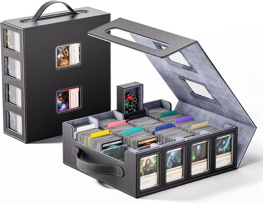 Trading Card Storage Box  3500+ Magnetic MTG Deck Box with Handle,Commander & Toploader Display, Dice Box,4 Dividers & 30 Color Labels  Fits for TCG,MTG,Yu-Gi-Oh and Sport cards (1-Black/Grey)