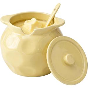 Ghee Container with Lid and Spoon, 25 fl oz (750 ml) Ceramic Ghee Pot, Oil Storage Container with Double Handles, Dishwasher Safe & Multipurpose