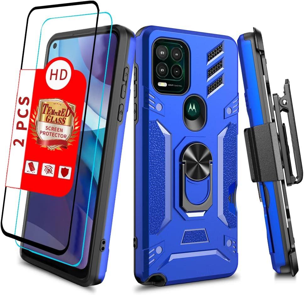Shockproof Military Grade Drop Tested Phone Case with Ring Holster Belt Clip Card Holder Screen Protector Fits for Moto G Stylus 5G 6.8" (Blue)