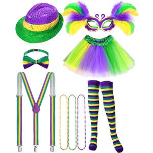 Vicenpal Mardi Gras Costume for Women, 9 Pcs Complete Carnival Outfit Set with Tutu Skirt, Sequin Hat, Feather Mask, Suspenders, Beads Necklace and Striped Socks for Tuesday Parade Party