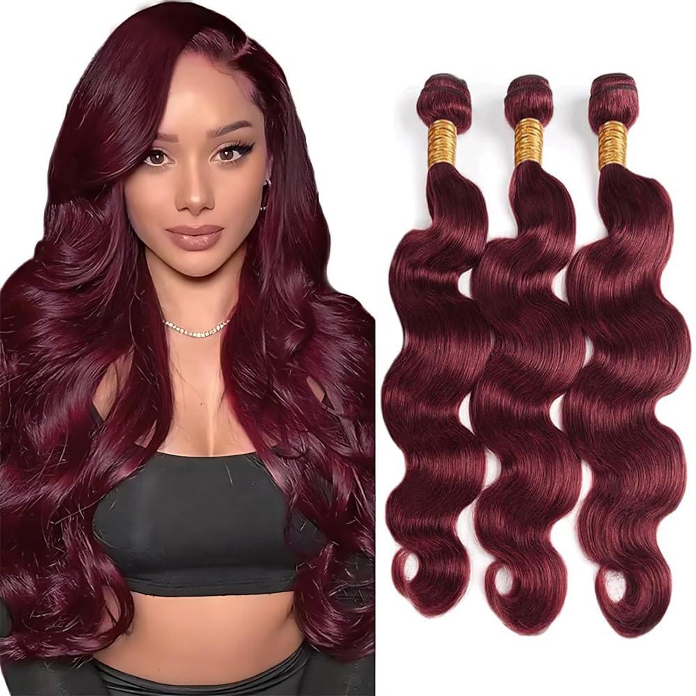 #99J Burgundy Body Wave Bundles Dark Burgundy Bundles Human Hair 10 12 14 Inch Quick Weave Brazilian Virgin Hair Wine Red Body Wave Extensions 3 Bundle 100 Gram Per Bundle