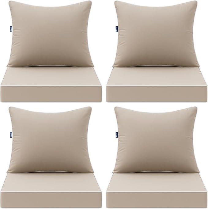MIULEE Beige Outdoor Seat Cushion 22x22 Inch Set of 4 Waterproofing & 3 Year Fade Resistant Deep Seat and Back Cushion for Patio Furniture Chair Sofa Couch with Handle and Adjustable Straps