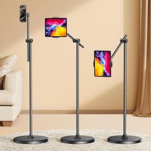 DIMONCOAT [Height-Adjustable & 360 Rotation Tablet Floor Stand Stable Base, Aluminum Alloy iPad Stand Floor Holder for iPad Mini Air Pro 12.9/9.7, Monitor, Kindle, iPhone 16, Cell Phones (4.7"-15.6")