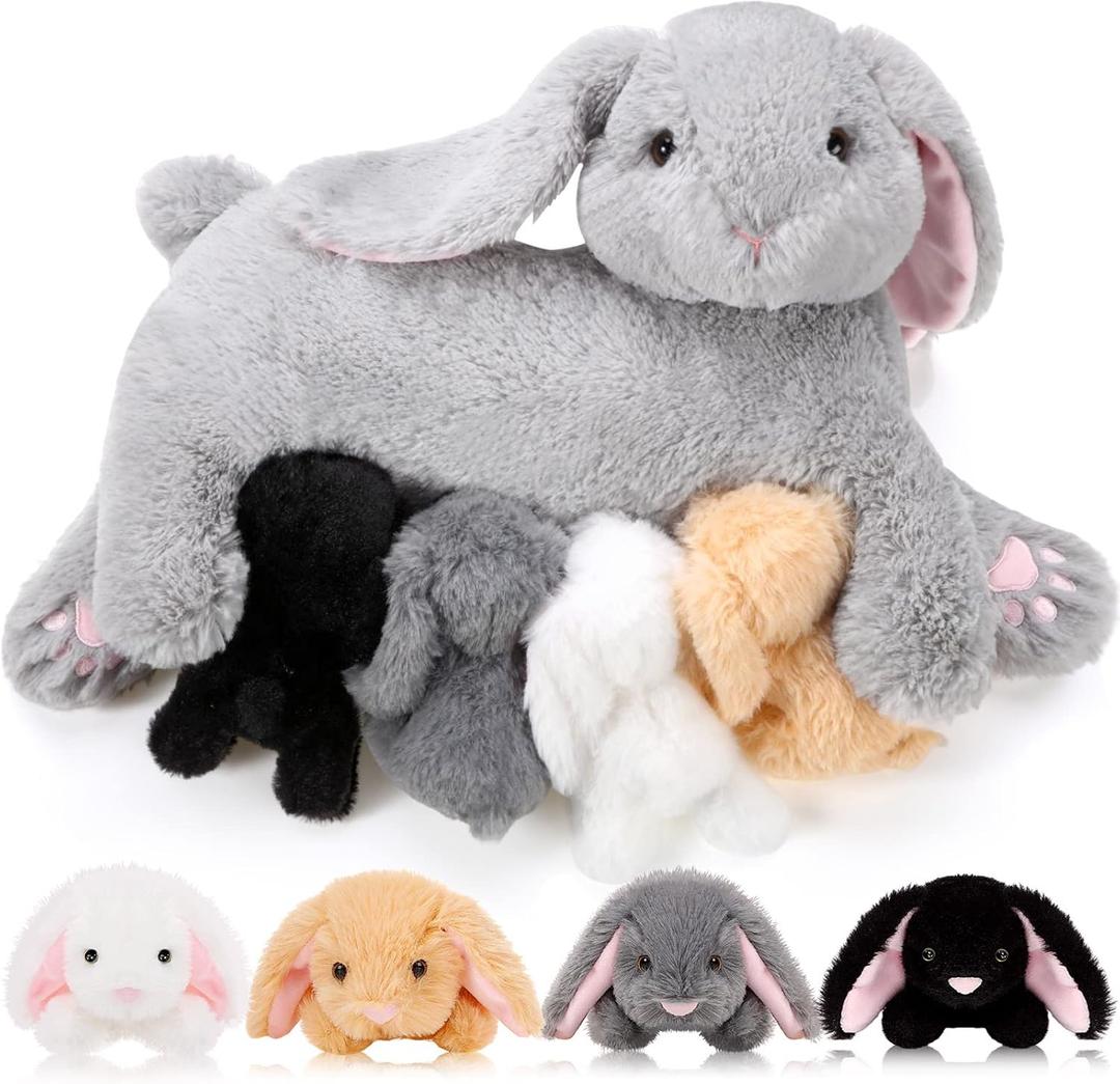 HyDren 5 Pcs Easter Bunny Stuffed Animal with Babies, 15 Inch Stuffed Bunny with 4 Baby Rabbits in Her Belly, Soft Rabbit Plush Toys for Kids, Boys, Girls Birthday Baby Shower
