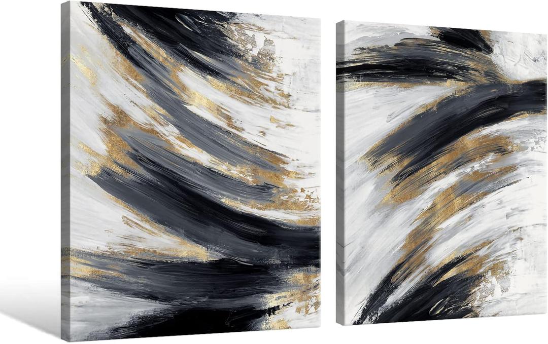 Chadow Artwork 2 pieces Black and Gold Abstract Wall Art 2 Pack Black and White Canvas Wall Decor Modern Framed Artwork for Living Room Bedroom Office Dcor Ready to Hang 12"x16"(30cmx40cm)