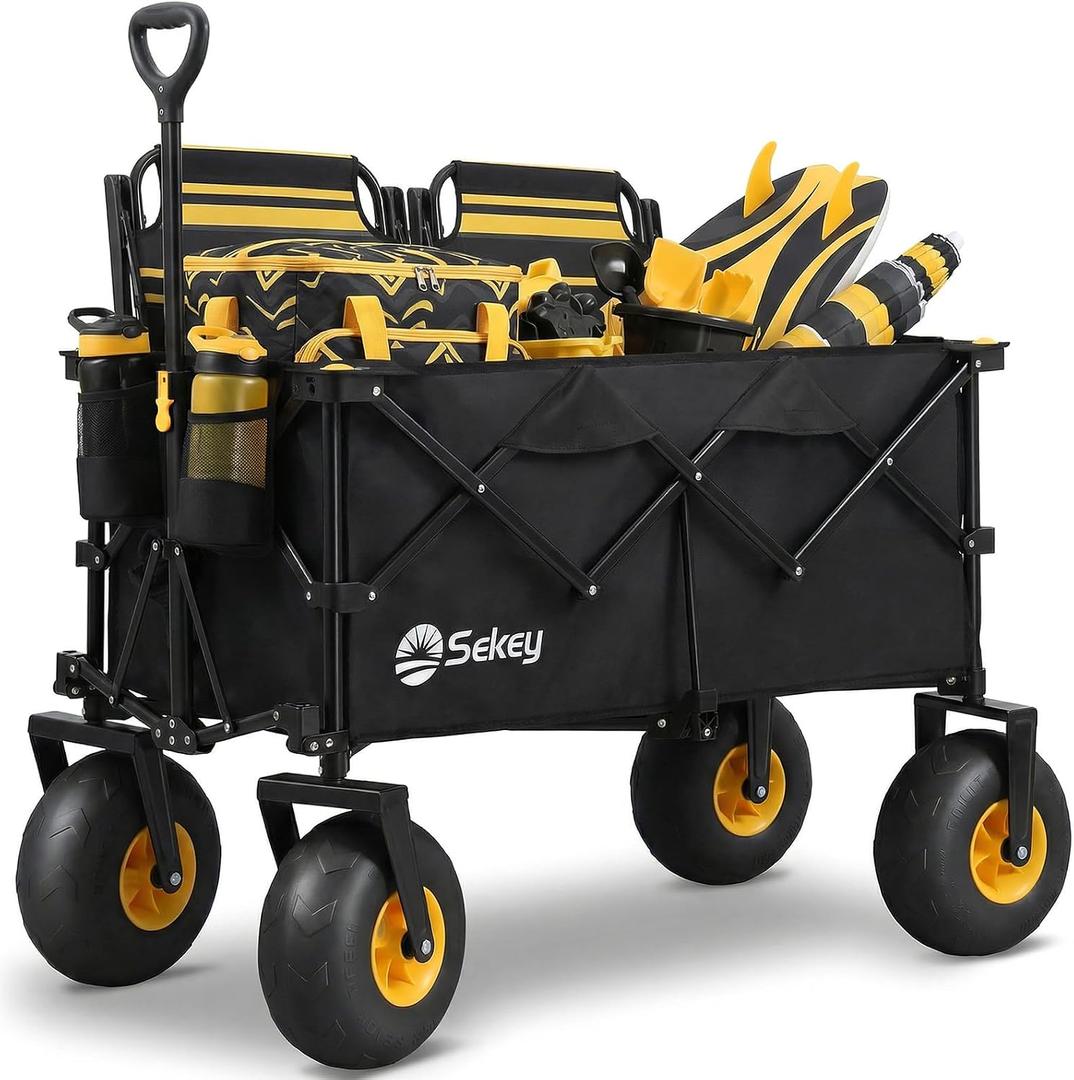 Sekey Heavy Duty Beach Wagon with 9" Big Sand-Proof Wheels 600lb Capacity, 200L Oversized Foldable Cart | Adjustable Handle & All-Terrain Tires for Sand, Camping, Groceries