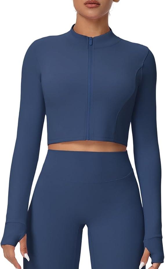 Yknktstc Womens Full Zip Athletic Jacket with Thumbhole Long Sleeve Crop Top Running Workout Yoga Sportswear Shirt L