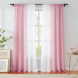 Pink Ombre Sheer Curtains 84 Inch Length for Living Room Bedroom Decor, Gradient Crinkle Semi Sheer Curtain Panels for Girls Room Chiffon Light Filtering Window Drapes for Garden, Rod Pocket, 52"W