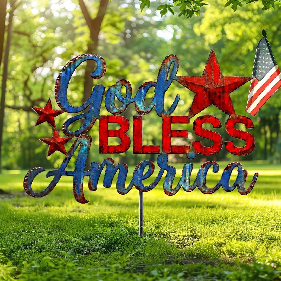 Moxweyeni 4th of July Metal Outdoor Decoration God Bless America Yard Sign 15.7Inch Rustic Patriotic Outdoor Metal Hanging Sign for Independence Day Outside Lawn Decor Garden Patio Walkway
