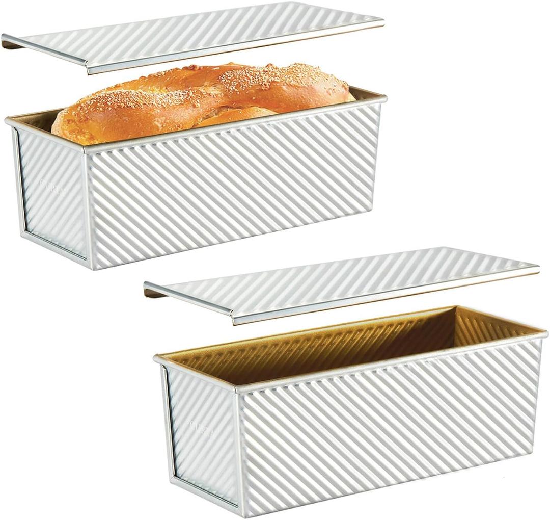 CURTA Commercial Pullman Loaf Pan with Lid 2.2 lb Dough Capacity Non-Stick Bakeware for Baking Bread Corrugated Bread Toast Box Mold Extra Large Loaf Pan Silver 2 pcs
