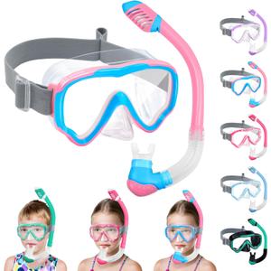 Vvinca Snorkel Set for Kids 3-14, Dry Top Snorkeling Gear for Boys Girls Youth, Panoramic View Swim Goggles with Nose Cover & Anti-Fog Lens, Junior Scuba Diving Mask with Adjustable Soft Fabric Strap (F-Pink Blue)