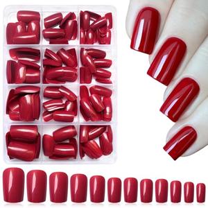 LoveOurHome 240pc Red Press on Nails Medium Square Fake Nails, Red Glue on Nail Press ons Square Nail Tips Medium False Nails Presson Artificial Fingernails with Tabs for Women Girls, Set of 3