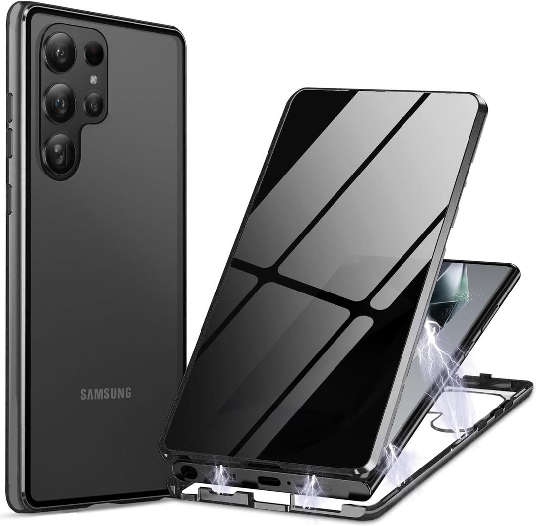 Privacy Magnetic Case for Samsung Galaxy S24 Ultra, Anti peep Magnetic Adsorption Cover, Double Sided Tempered Glass Full Screen Covered, Metal Titanium Frame Privacy Screen Phone Case for S24 Ultra