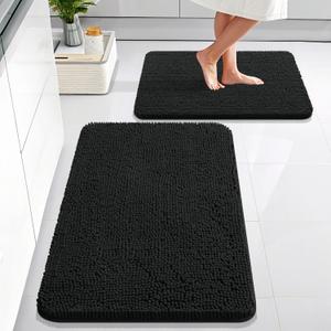 OLANLY Bathroom Rugs Sets 2 Piece, Soft Absorbent Chenille Bath Mats Area Rug Set, Non-Slip, Quick Dry, Machine Washable Bath Mats for Bathroom, Home Decor Accessories (30"x20"+24"x16", Black)