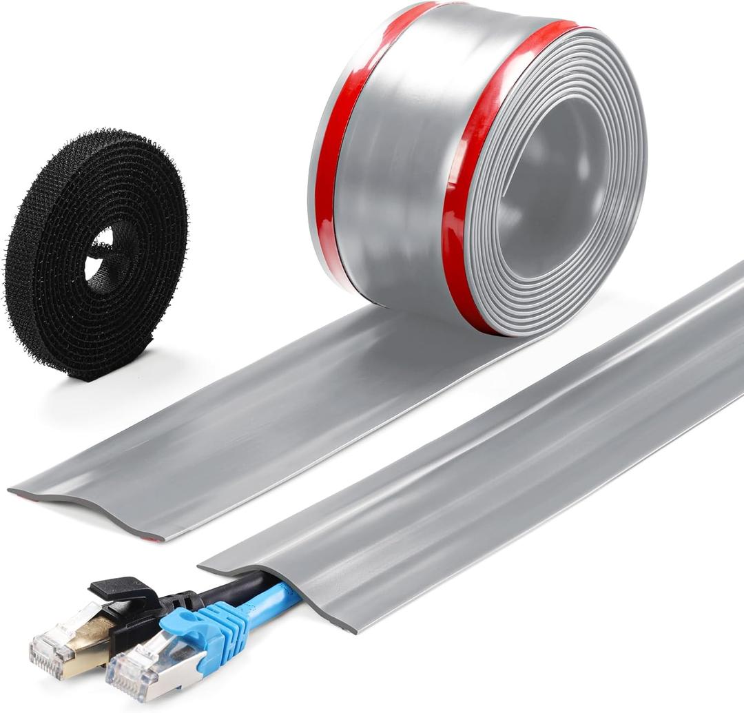 16.4ft Soft PVC Cord Cover, Self-Adhesive Cable Hider for Floor and Wall, Wire Management Protector for Commercial Office Carpet/Floors - Gray (Grey)