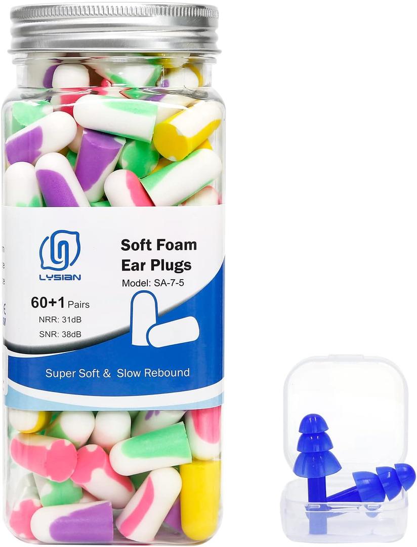 LYSIAN Ultra Soft Foam Earplugs for Sleep- Noise Cancelling Ear Plugs for Sleeping, Shooting,Snoring, Mowing Sound Reduction 38dB- 60 Pairs Multi Color