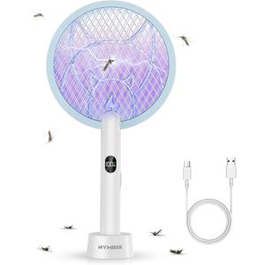 Nymrix Electric Fly Swatter Racket, 2 in 1 Mosquito Bug Zapper 4100V Handheld Mosquito Killer with 1800 mAh Rechargeable Battery, Purple Light and 3-Layer Safety Mesh for Indoor Outdoor Blue