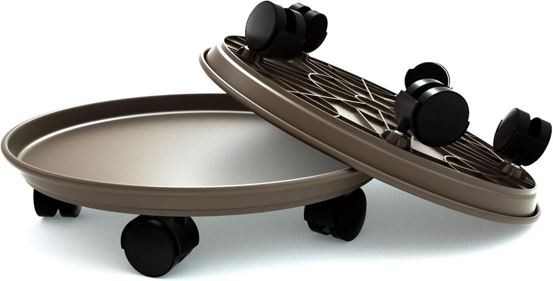 14 Inch Plant Caddy with Wheels, 2 Pack Heavy Duty Round Plant Dolly Tray, Rolling Plant Stand for Indoor Outdoor Use, Brown