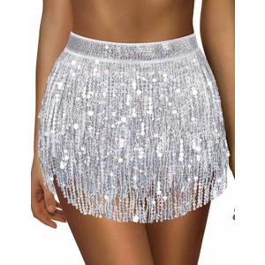 Sequin Skirt Sparkly Skirt Belly Dance Skirt Glitter Skirt Rave Sparkle Skirt Sequin Tassel Skirt Fringe Hip Scarf Women (One Size)