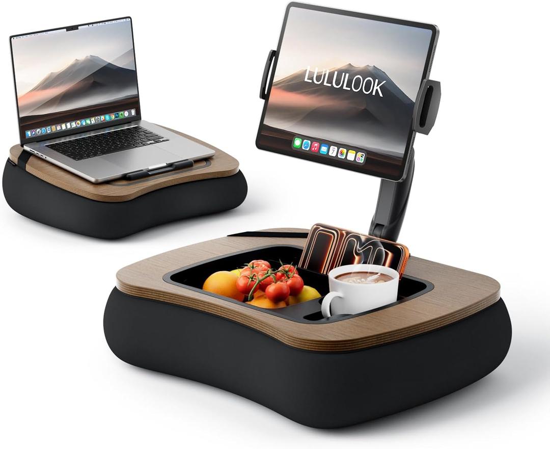 LULULOOK 2-in-1 Lap Desk & Kindle Pillow Stand, Laptop Desk Holder with Beanbag Cushion & Foldable Arm for 14" Laptop,iPad, Phone, 4.7-14.6" Tablet & Kindle Reading in Bed (Walnut Brown)