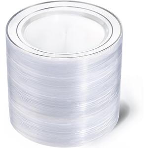 I00000 100Pcs Clear Silver Plastic Plates,Silver Rim Plates 7 Inch,Heavy Duty Premium Clear Dish for Wedding Party Supplies for Salad Dessert Cake