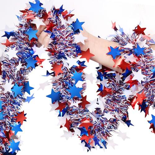4th of July Garland Decorations,50Ft Glitter Tinsel Patriotic Decor for Tree Car Golf Cart Parade Float Bike Party Table Yard Door Boat Indoor Outdoor Holiday Home