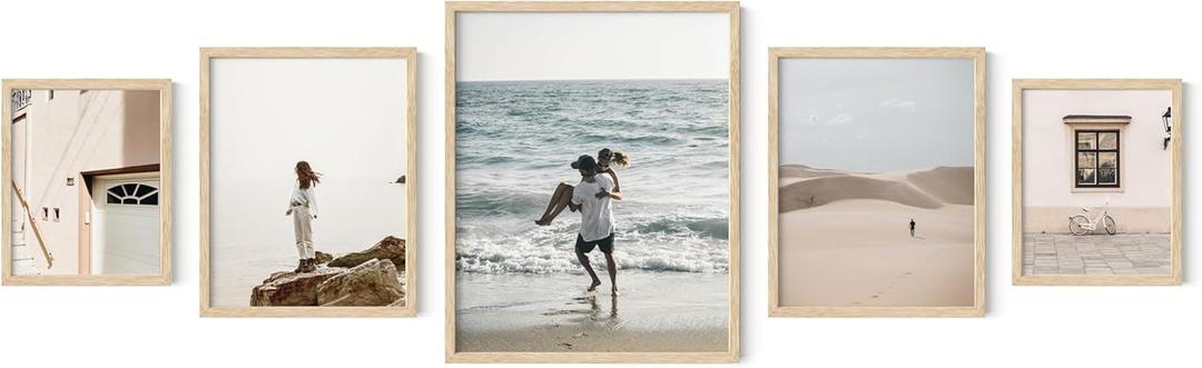 HAUS AND HUES Picture Frame Set - Set of 5 Wall Frames Collage Set, Collage Photo Frames, Natural Wood Picture Frames, Gallery Wall Decor, (Two 8x10, Two 11x14, One 16x20 Framed Beige) (York)