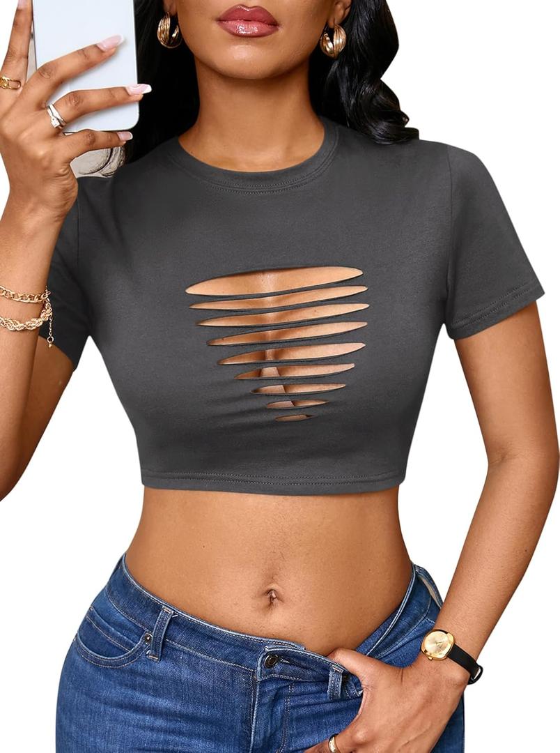 Remidoo Women's Sexy Lace Up Crop Top Short Sleeve Cropped T Shirt Cutout Graphic Tee (XL)