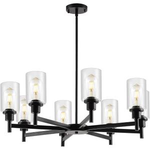 9MMML Farmhouse 8-Light Glass Chandelier, Modern Black Chandelier for Kitchen Dining Room Light Fixture Over Table, Industrial Chandelier for Living Room, Foyer, Entryway, E26 Bulb Base