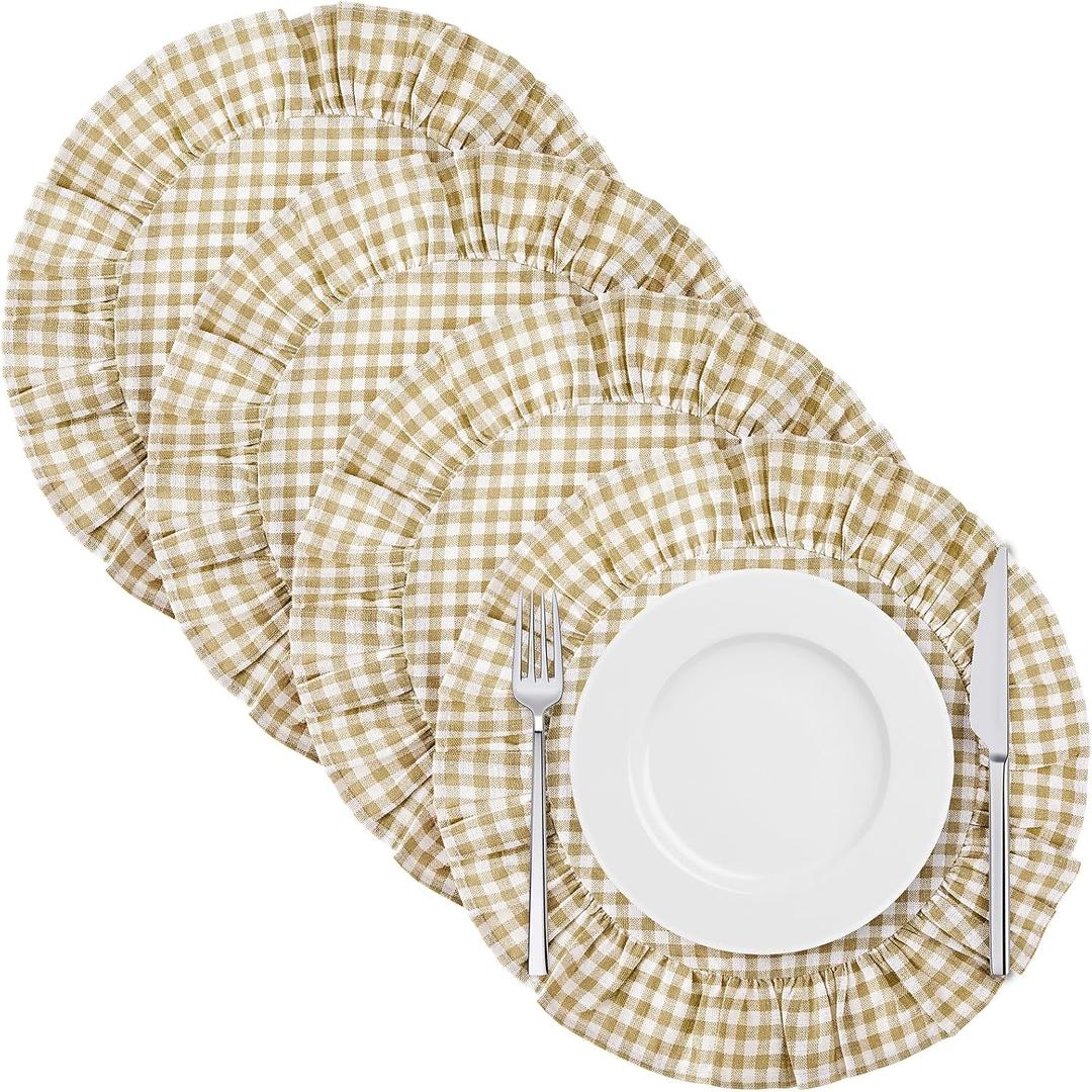 4 Pcs 15 Inch Linen Scalloped Round Placemats, Thin Plaid Place Mats with Ruffle, Washable Placemats Table Mats for Kitchen Dining Holiday Gatherings Decor(Light Brown, Gingham)
