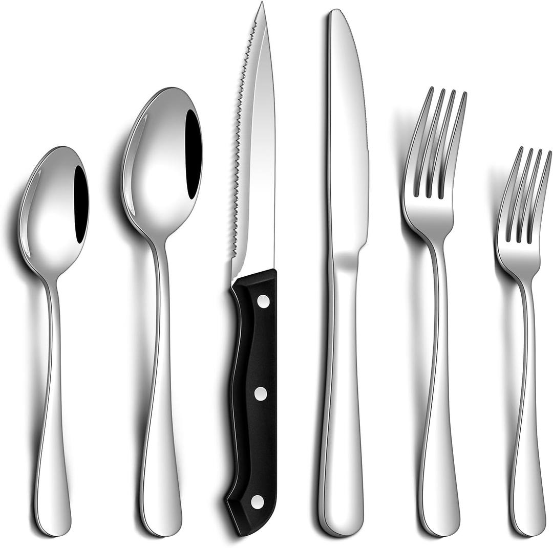Silverware Set with Steak Knives 24-Piece Flatware Set for 4 Food-Grade Stainless Steel Cutlery Set Mirror Polished Utensils Set Include Spoons and Forks for Home Kitchen Restaurant