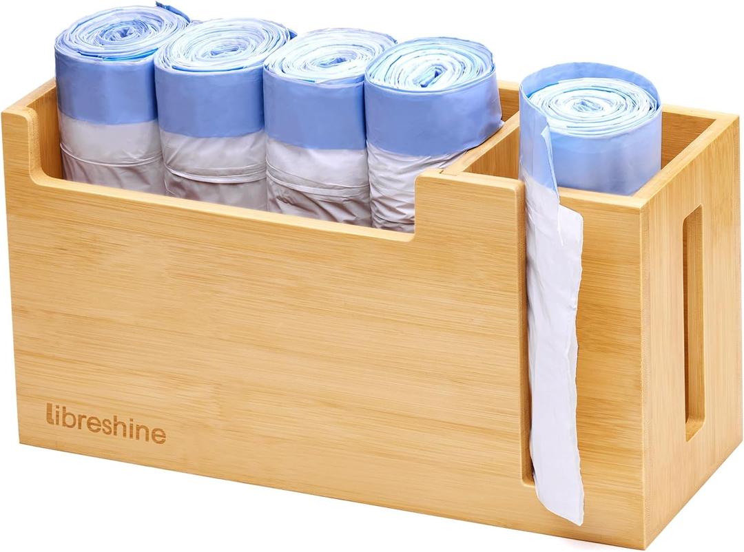 Bamboo Small Trash Bag Dispenser 1.2-4 Gallon, No-Drill Adhesive Wall Mount Mini Garbage Bag Holder, Adjustable Cabinet Door Organizer & Desk Caddy for Home & Office