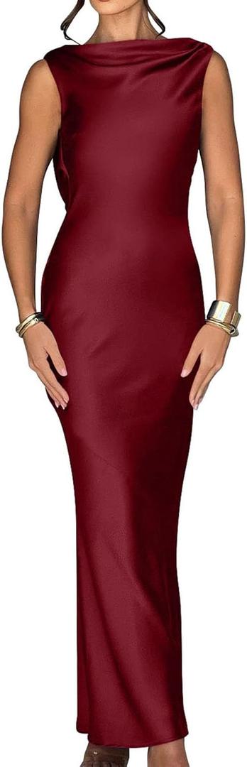 Memoriesea Women's Elegant Sleeveless High Neck Tie Cocktail Wedding Party Maxi Dress (Red, M)