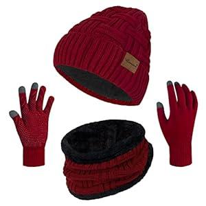 Loritta 3-Pieces Winter Hat Neck Warmer Touchscreen Gloves Set Knit Thick Scarf Beanie Hats Scarves Set Gifts for Women (N- Wine Red)