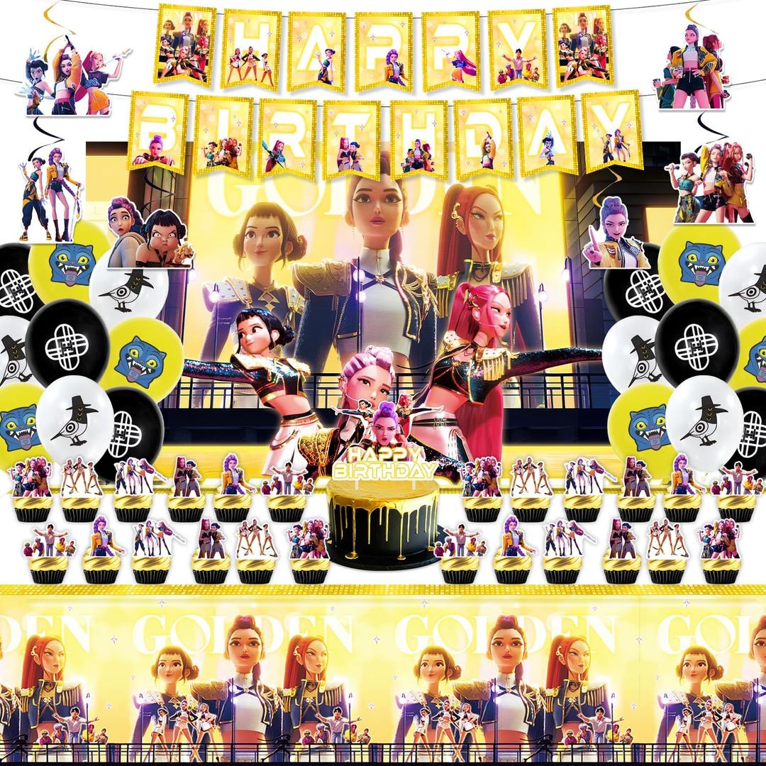 Demon Hunters Birthday Decorations, Party Supplies Set Include Banner, Backdrop, Balloons, Hanging Swirls, Cake Cupcake Toppers, Tablecloth for Boys Girls Kpop Theme Party