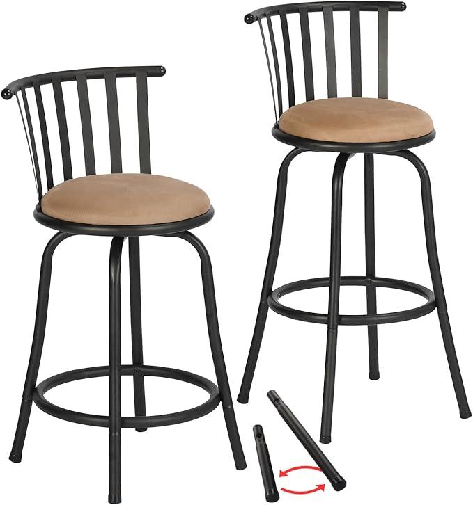 Bar Stools Swivel Set of 2, Barstools Adjustable Counter Height Low Back with Comfortable Footrest, Armless Bar Chairs for Kitchen Island Bar Height with Interchangeable Legs, 24/29 Inch, Brown