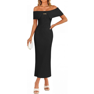 ZESICA Women's Off Shoulder Bodycon Maxi Dress 2026 Summer Ribbed Knit Cocktail Party Formal Sweater Dresses (Black, S)
