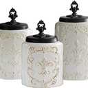 American Atelier Fleur de Lis White Canister Set 3-Piece Ceramic Jars in 84.5oz, 74.5oz, & 60oz Designed w/ Airtight Stainless Steel Lids for Cookies, Candy, Coffee, Flour, Sugar, Rice, Pasta, Cereal