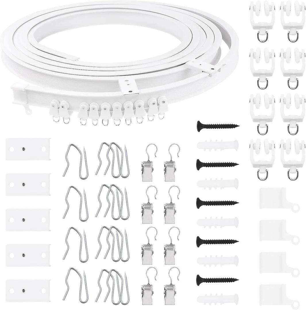 Swpeet 151PCS 5M Ceiling Curved Curtain Track Kit, Soft Windows Curved Track System, Metal Curtain Hooks & Clips, Snap-on Ceiling Brackets