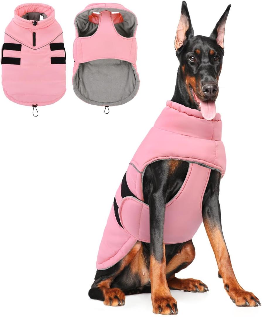 Peferhouse Dog Warm Winter Coats for Large Dogs Female, Dog Cold Weather Coat Dog Windproof Reflective Jacket with Harness Hole Thick Dog Vest Jacket Pink 4XL