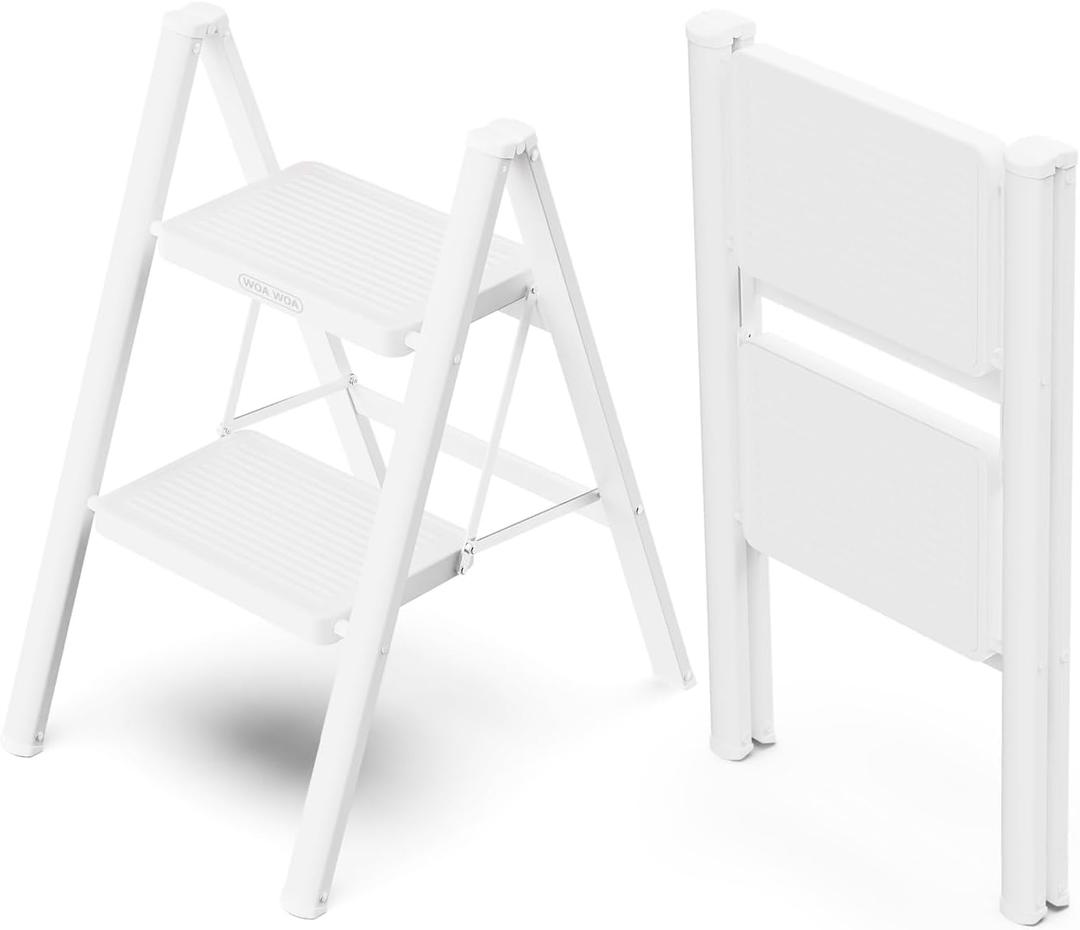 WOA WOA 2 Step Ladder, Folding Step Stool with Broad Pedals, Compact Stepping Stool, Sturdy Steel Ladders for Home with Anti-Slip Feet, Supports up to 330 lbs - White WOA WOA 2 Step Ladder, Folding Step Stool with Broad Pedals, Compact Stepping Stool, Sturdy Steel Ladders for Home with Anti-Slip Feet, Supports up to 330 lbs - White