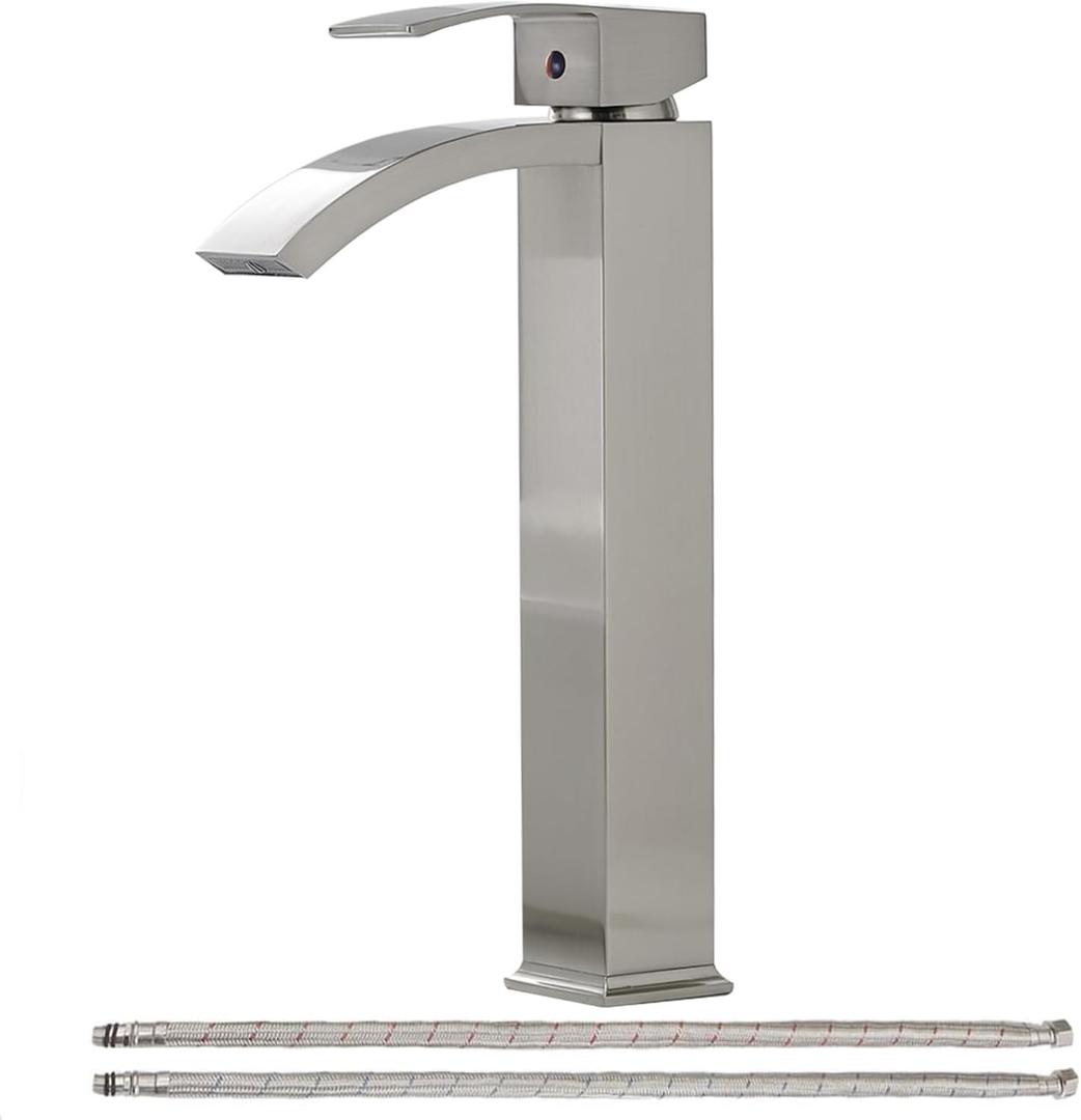 Brushed Nickel Bathroom Faucet Vessel Sink Single Hole Single Handle Waterfall Spout Lavatory Commercial Bath Vanity Bowl Faucets Tall Body Supply Line