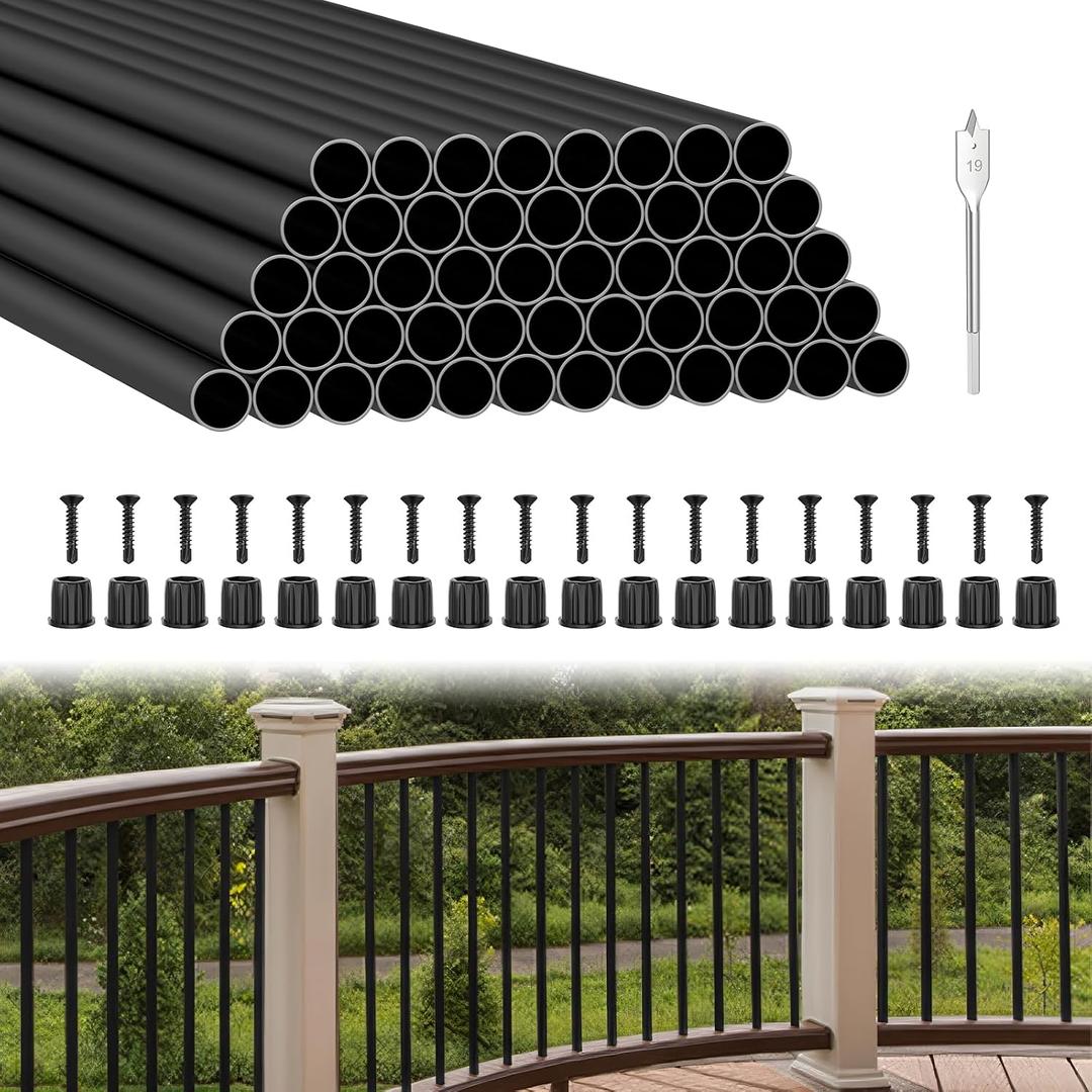 BLIKA 50 Pack 32" Aluminum Deck Balusters with Connectors/Screws, 3/4" OD Hollow Round Aluminum Balusters for Deck Railing, Black Metal Deck Balusters Staircase Spindles