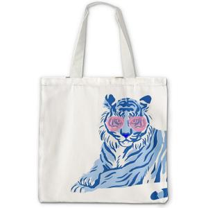 Preppy Tiger Tote Bag - Blue and White Tiger Canvas Tote Bag, Trendy Tiger Gifts for Women, Preppy Tiger Reusable Foldable Tote Bag